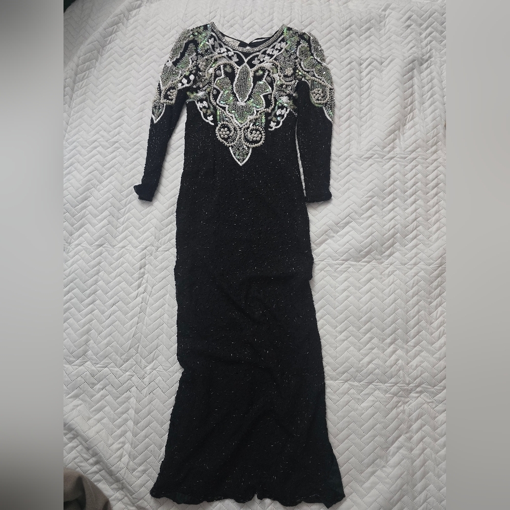 Vingage Elegant Black and Green Sequin Pearl Embellished Dress Silk India - Picture 3 of 10